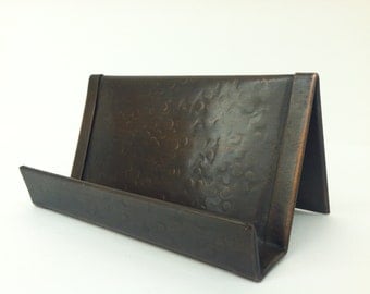 Round Hammered Copper Business Card Holder Bronze Patina