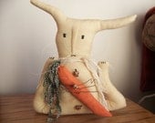Primitive Grungy Spring Easter Bunny Fabric Art Doll/Shelf Sitter With Carrot and Rusty Wire