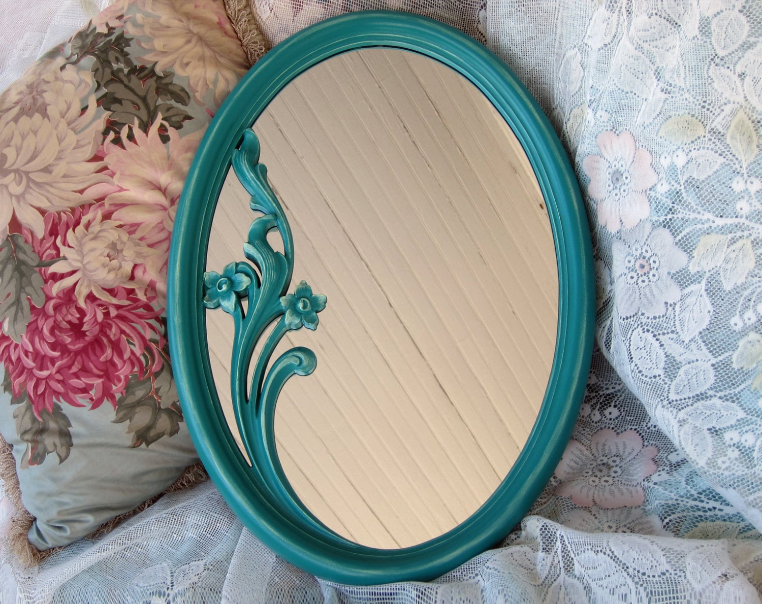 Oval Wall Mirror Teal Green Vintage Home Interiors Hand