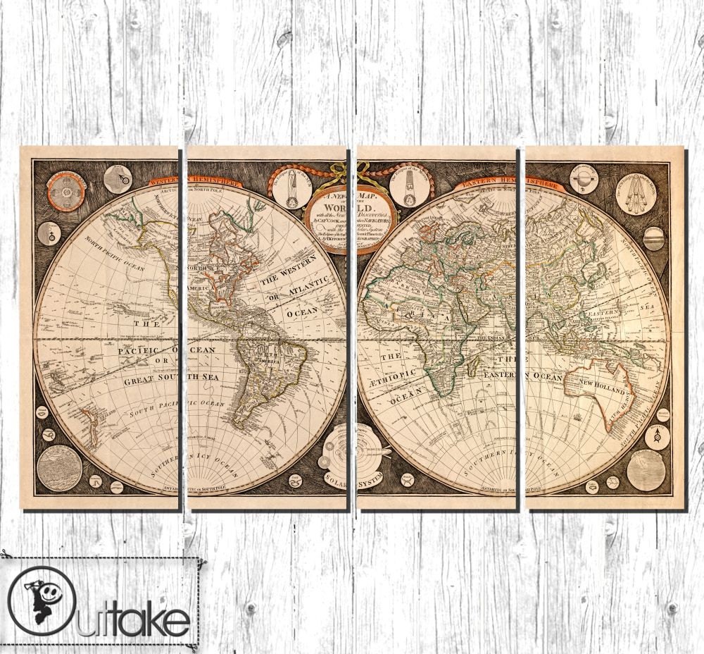 Canvas Art antique world wall map LARGE fabric on 4 panels