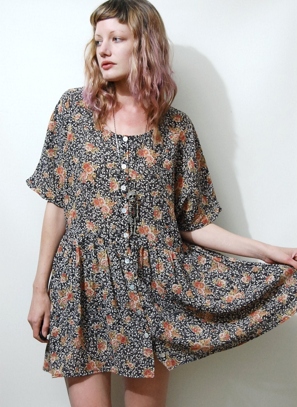 90s Vintage BABYDOLL DRESS Dark Floral vtg Slouchy Oversized