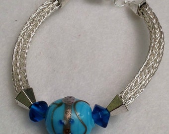 Ladies silver viking knit with blue India glass beads