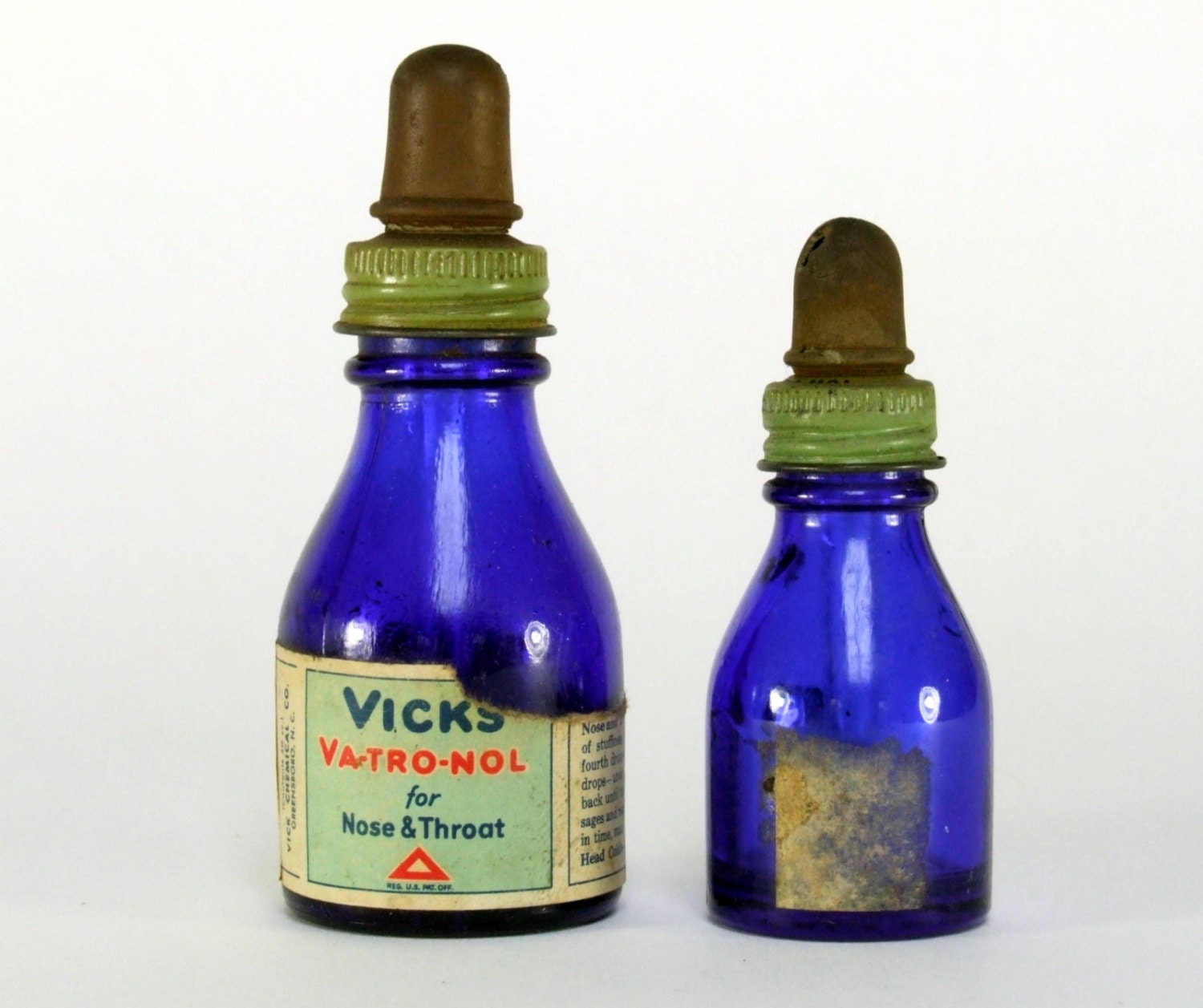 Vintage Vicks Bottles And Droppers Cobalt Blue Glass