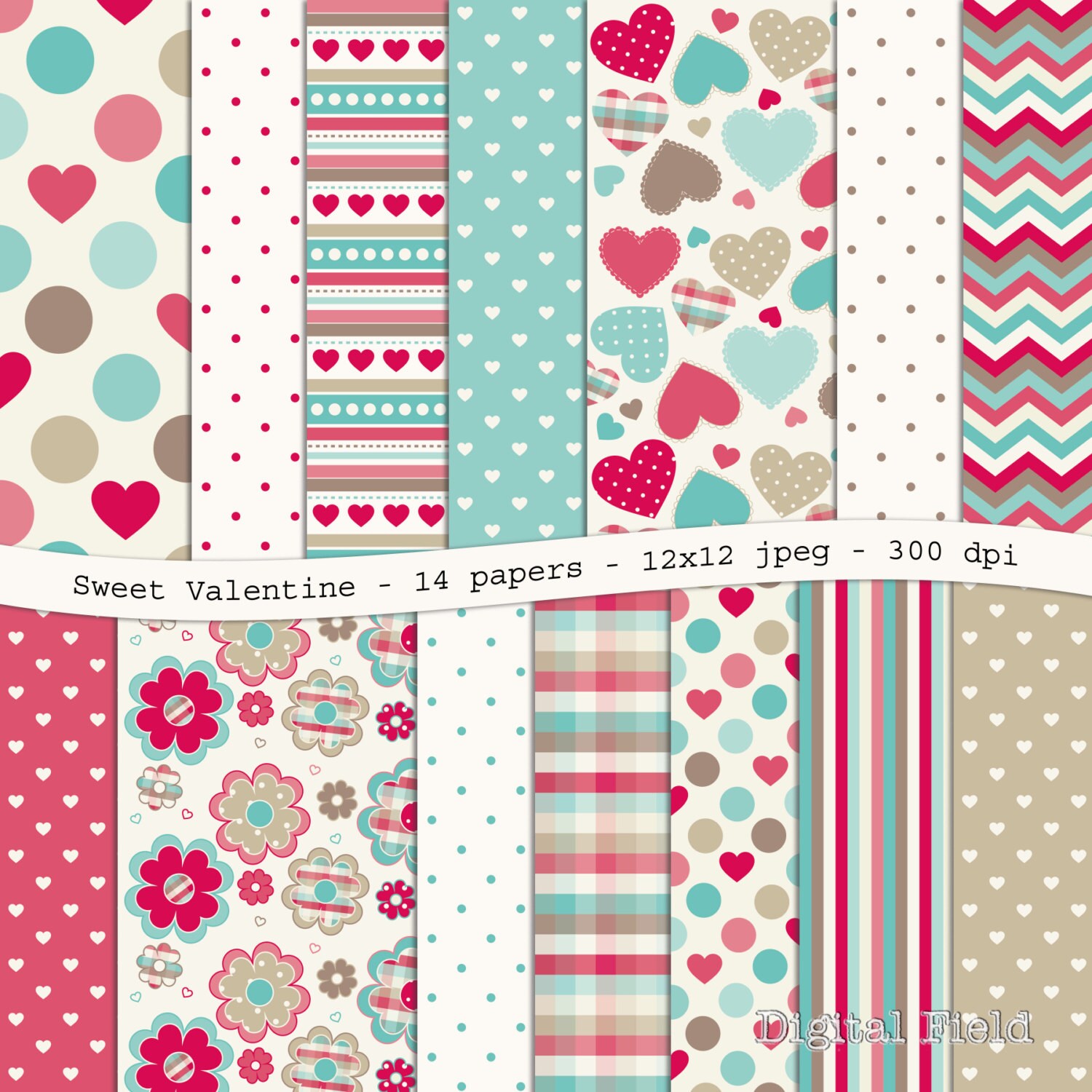 Sweet Valentine digital scrapbooking paper pack 14 printable