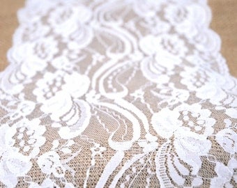 Burlap Tablerunner, White Lace, Country, Shabby Chic, Vintage, or Rustic Wedding