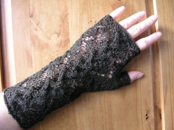 Chocolate hand knitted lacy fingerless gloves by CrazyAboutGloves