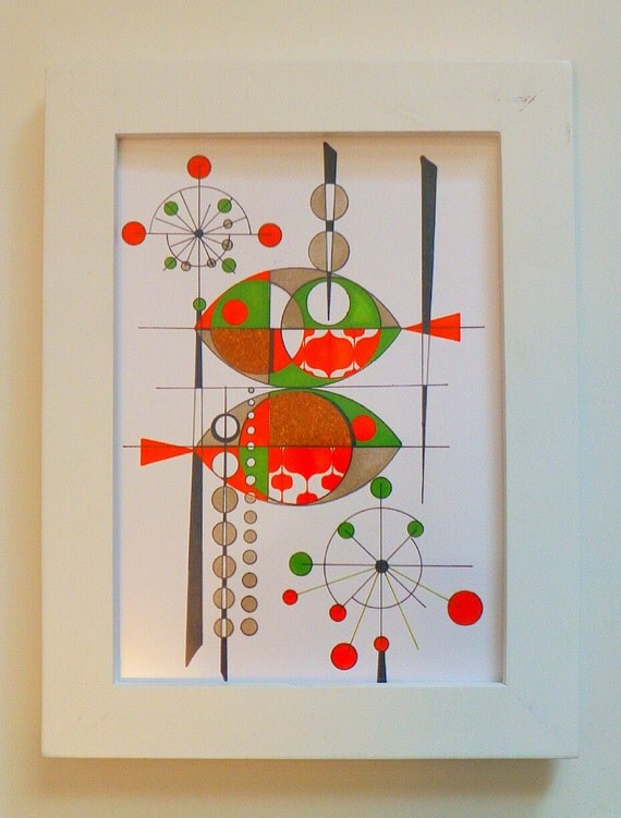 Items similar to Atomic Retro Fish Painting, 5x7 print, Fishing For MOD, mid century modern