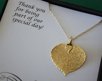 3 Bridesmaid Necklace, Bride Gift, Real Leaf Necklaces, Thank You Card, Gold Apsen Leaf