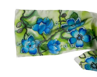 Emerald green , chartreuse and turquoise colored silk hand painted scarf. Hand painted silk flowers scarf. Made to order.