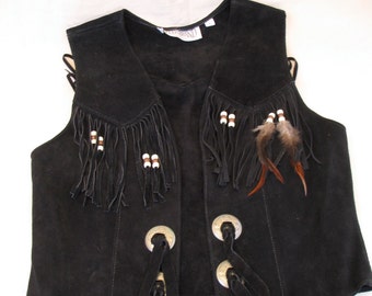 Women's Black Suede Fringe Cowgirl Vest Vintage Steer Brand Fringe Vest