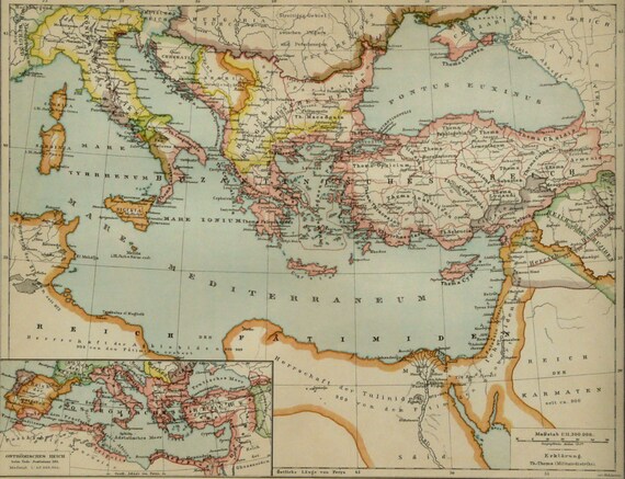 1890 Antique Map Of Byzantine Empire Around 1000. Byzantium.