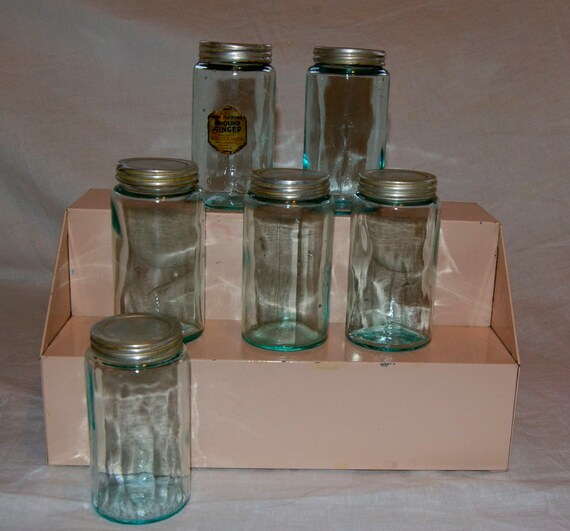 Set of 6 Vintage Hoosier Sellers Glass Spice Jars with Tin