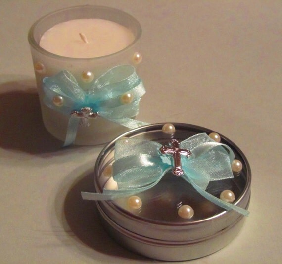 FIRST HOLY COMMUNION rosary bead tin with matching votive