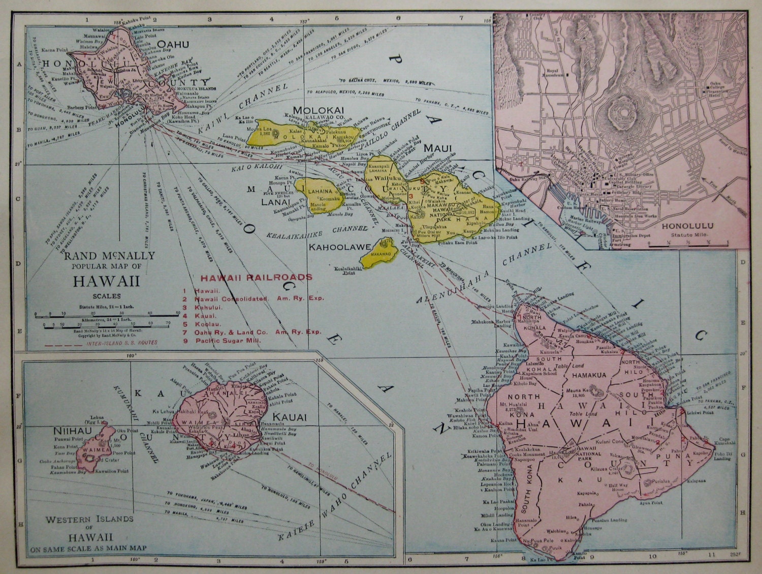 Antique HAWAII Map with RAILROADS 1921 RARE by plaindealing