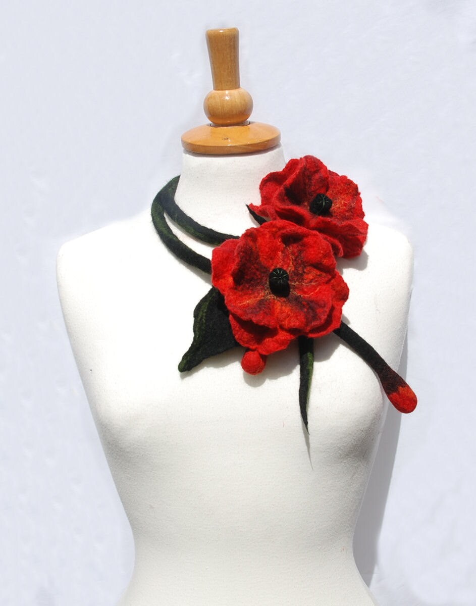 Felted Necklace felt flower nunofelt red black fiber art