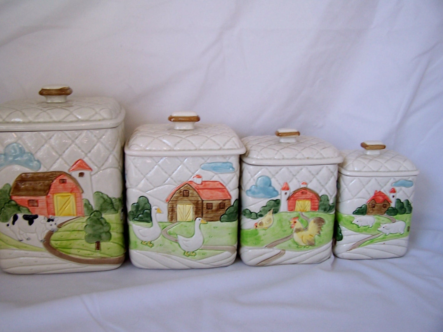 Vintage Ceramic Farm Kitchen Canisters Set Of 4 White Quilted   Il Fullxfull.427703925 Bvh9 