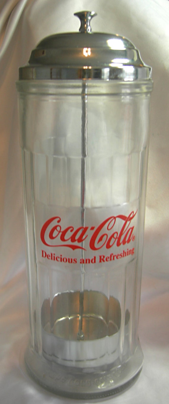 Tall Glass and Chrome COCA COLA Straw Dispenser Vintage 1992