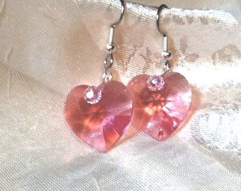 Pink Heart Earrings in Swarovski Crystals and Sterling Silver