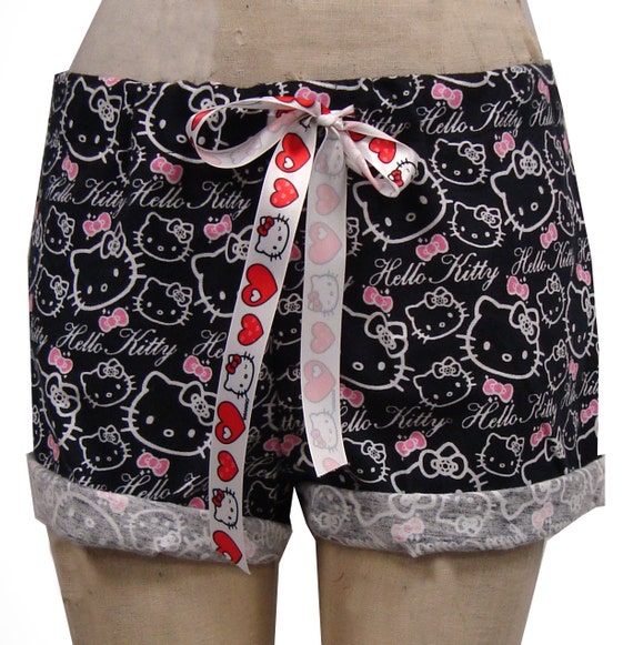 Items similar to Black Flannel Hello Kitty Boxer Shorts with Drawstring ...