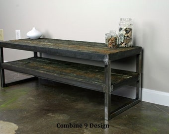 Vintage Industrial TV Stand. Reclaimed wood & Steel. Vintage wood from tsunami-destroyed barge. Minimalist,urban, design. A nice TV console.