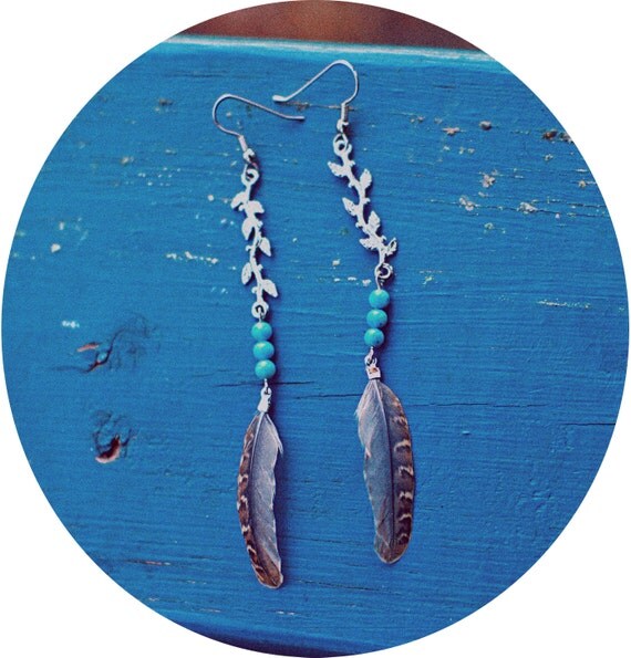 Items similar to Quail Feather Earrings / Turquoise / Vine / Silver