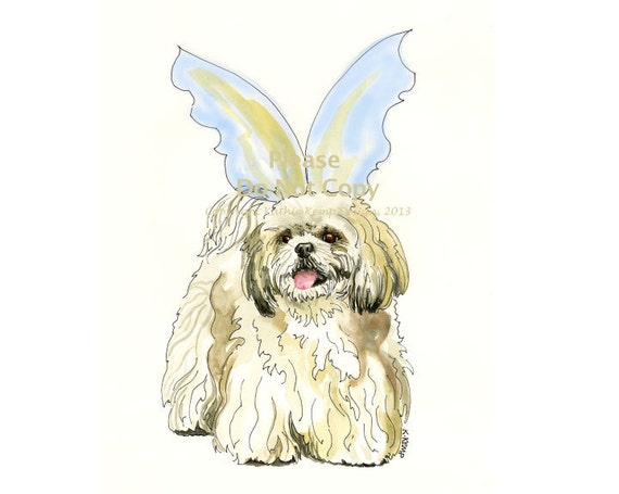 Items Similar To Shih Tzu Dog Pet Portrait With Angel Wings In Pen 
