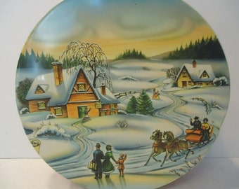 Christmas Cookie Tin Vintage Horse and Carriage Winter Scene