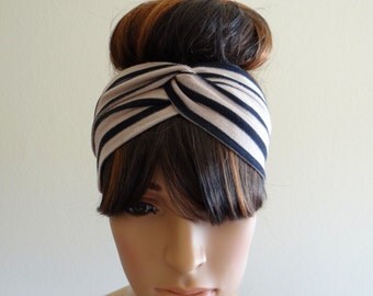 Tan And Black Striped Head Wrap.Striped Headband