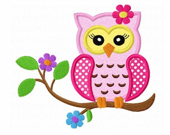 Instant Download Flower Owl On Branch Applique Machine Embroidery Design NO:1330