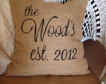 Burlap pillow, family name pillow, personalized pillow, Mother's Day gift