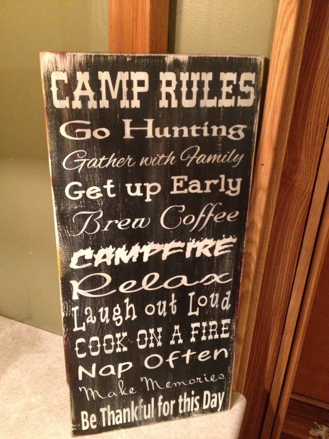 Camp Rules Sign 12 x 24 with a Distressed Finish