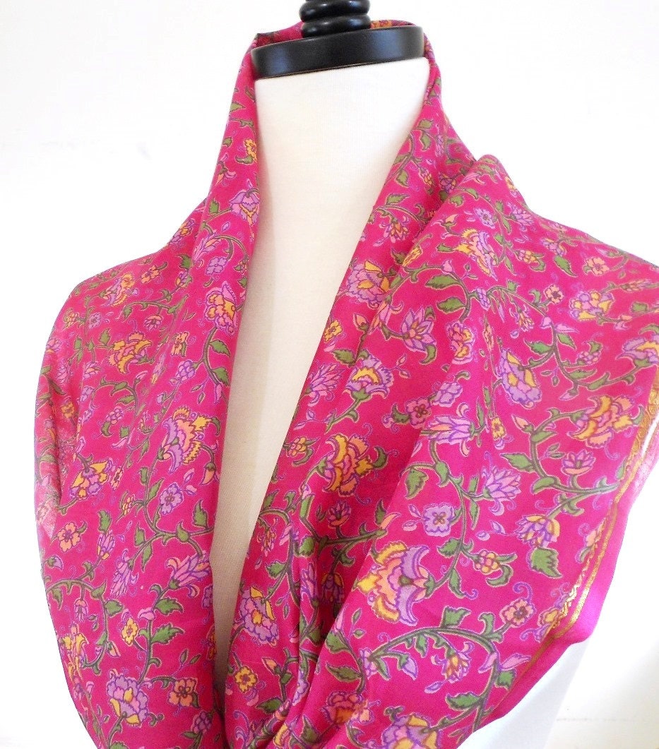 Pink Silk Scarf Floral Silk Sari Scarf Pink Silk Shawl