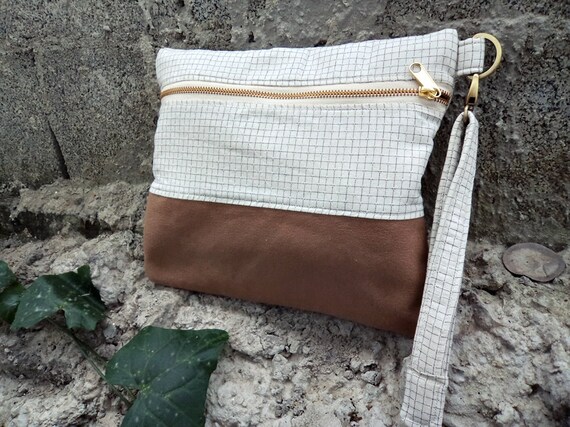 Items similar to white checked cotton combline brown canvas wristlet on ...