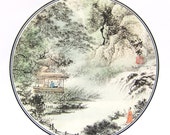 Vintage art print, Summer, River, Buddhist Temple, Mountain, Tree Vintage Art Print, Antique Original Japanese  Art  Painting