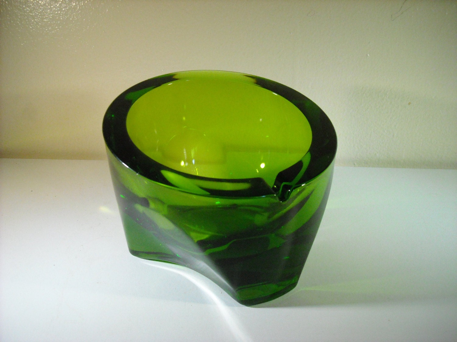 Large Viking Art Glass Ashtray Green Mid Century Modern Hand