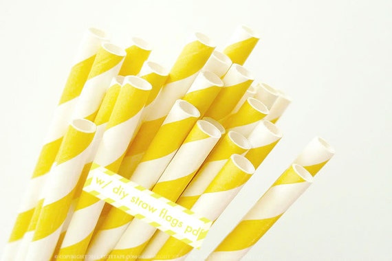 Yellow Straws Striped Paper Straws 25 w/ Printable Flags PDF Wedding Birthday Party Spring Garden Party, Wedding, Anniversary Il_570xn