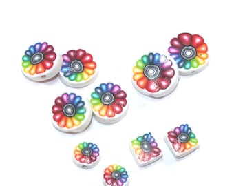 Colorful flower beads, unique set of 10 Polymer Clay rainbow beads, round flat beads