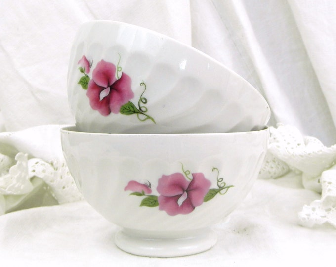 REDUCED TO CLEAR 2 Vintage French White Bone China Cafe au Lait Bowl, with a Sweet Pea Flower Motif / French Country Decor / Retro Vintage