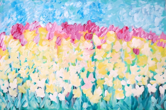 Art Original Acrylic Painting "Spring's First Blooms" 24"x36" on Canvas with Pinks, Yellows, Greens & Blues