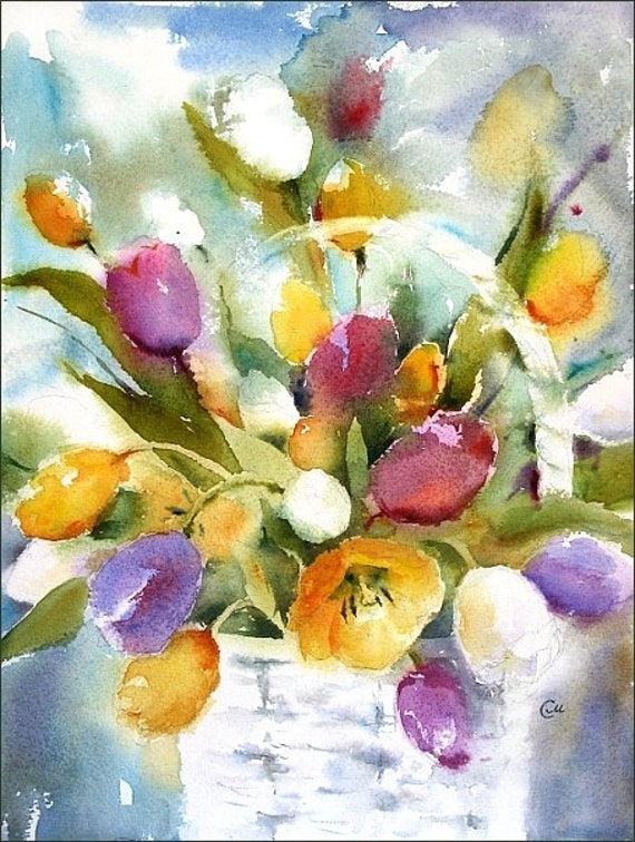 Tulips Watercolor, Original Watercolor Painting "Bucket of Tulips" 16x12 inches