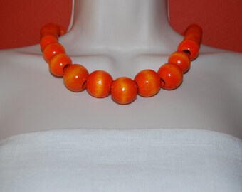 Statement Necklace Chunky Bright Tangerine Orange Beaded Necklace Wood Bold Necklace and Earrings Set