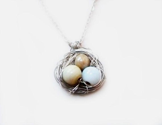 Neutral Cream Statement Pastel Wire Wrapped Bird Nest Pendant Eggs