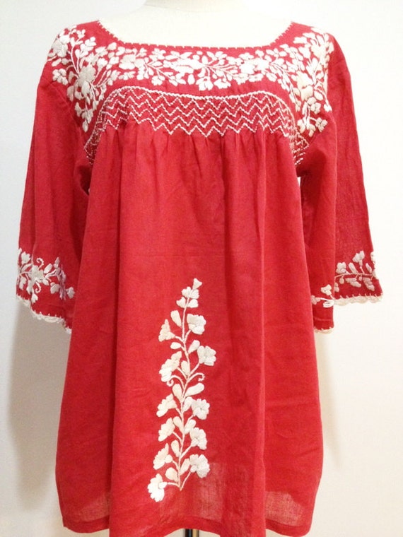 Mexican Embroidered Blouse Cotton Top In Red Boho Blouse