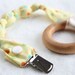 Pacifier clip, Pacifier sling, Binkie, with Wood Teething Ring -ORGANIC Yellow Dots