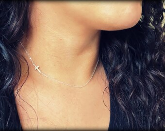 Tiny Sideways Cross Necklace, Extra Tiny, Sterling Silver chain, Silver Cross. Asymmetrical Cross Necklace, Silver side Cross, Kardashian
