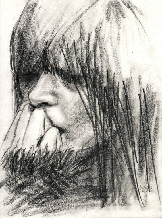 R E S E R V E D Original Graphite Pencil Drawing . Worried