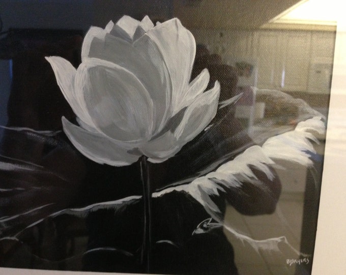 9 x 12 Black and White Lotus Flower and Leaf, Double Matted in a 18 x 20 Black Frame