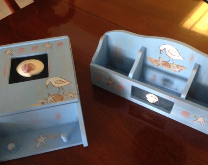 Starfish and Sandpiper Wooden Pair. Includes 2 Shelf Cabinet and a 3 Slot Letter/Bill Holder.