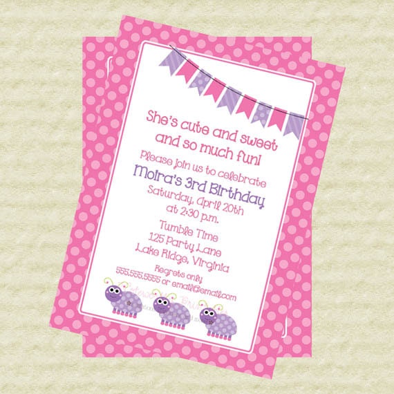 Printable Cute Pink and Purple Bugs Birthday Invitation Il_570xn