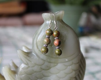 Unakite Earrings, sterling silver hook